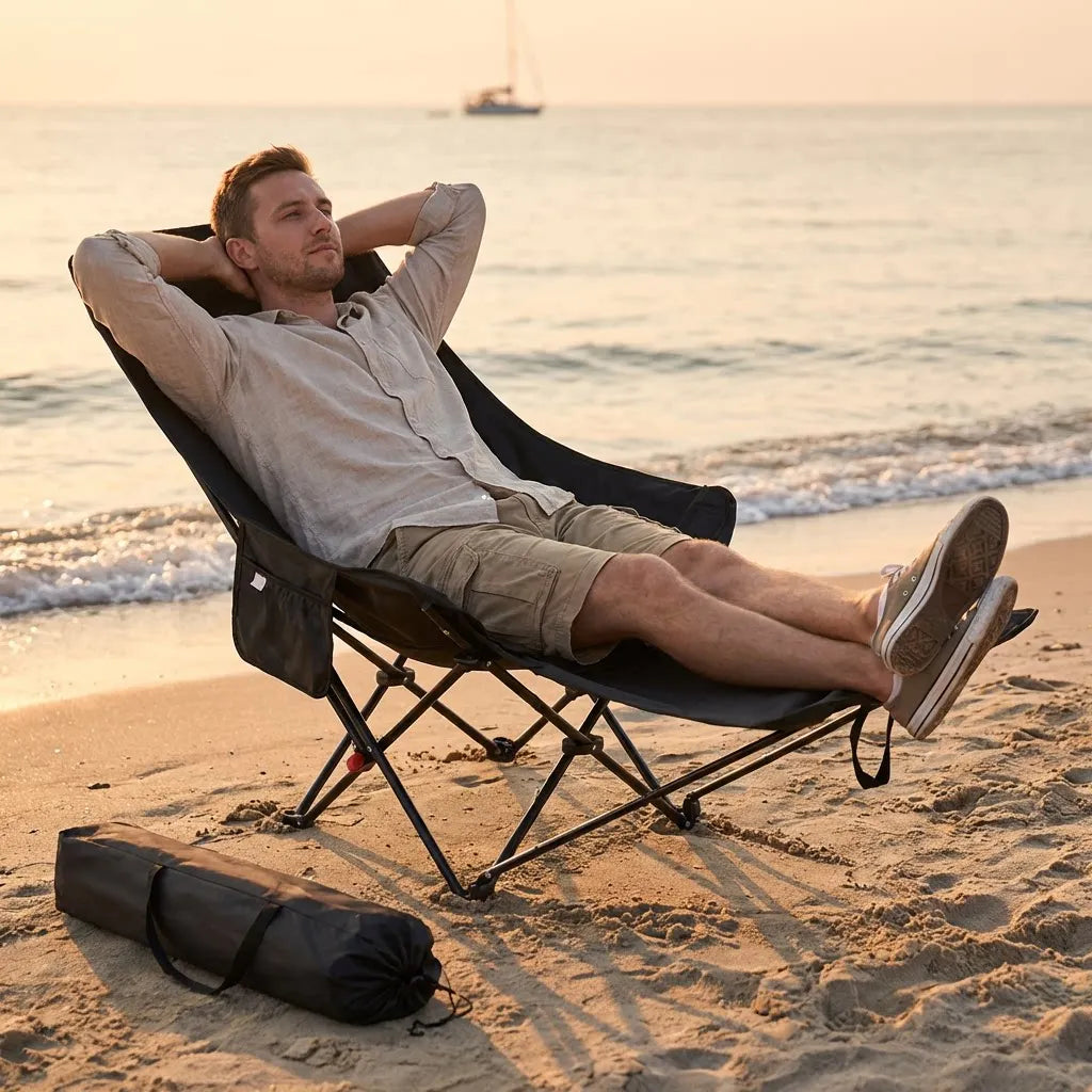 300-Pound Heavy-Duty Foldable Beach Chair with Adjustable Height and Crossed Backrest - Portable Outdoor Chair for Camping, Fish