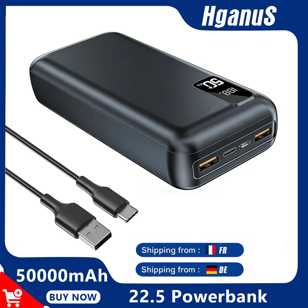 Power Bank Portatile 50000 mAh con Ricarica Rapida 22,5 W QC‑PD3.0 USB‑C