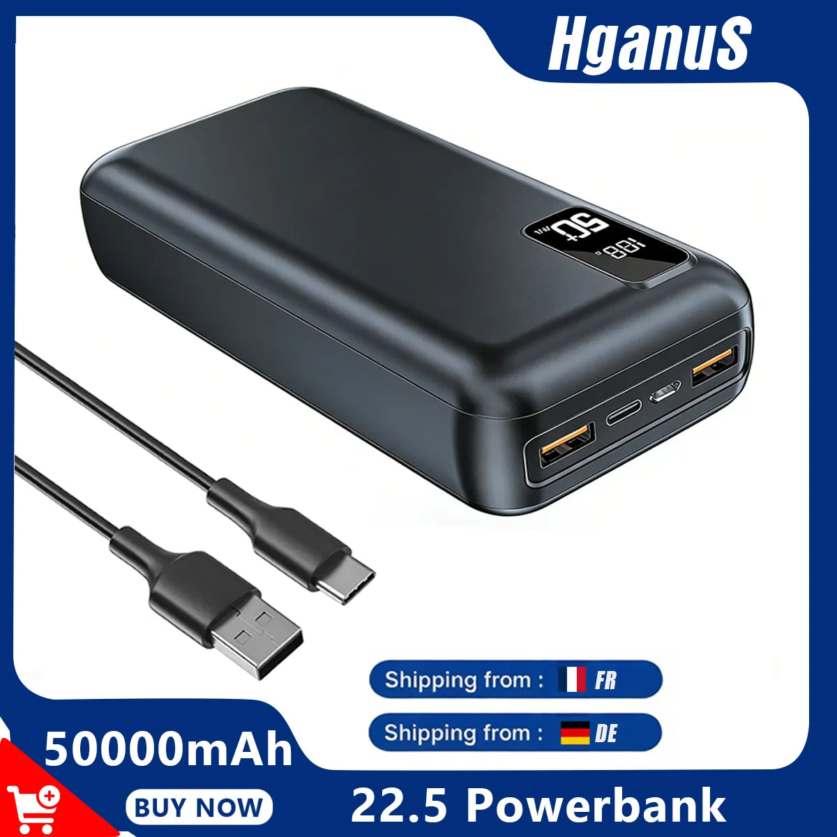 Power Bank Portatile 50000 mAh con Ricarica Rapida 22,5 W QC‑PD3.0 USB‑C