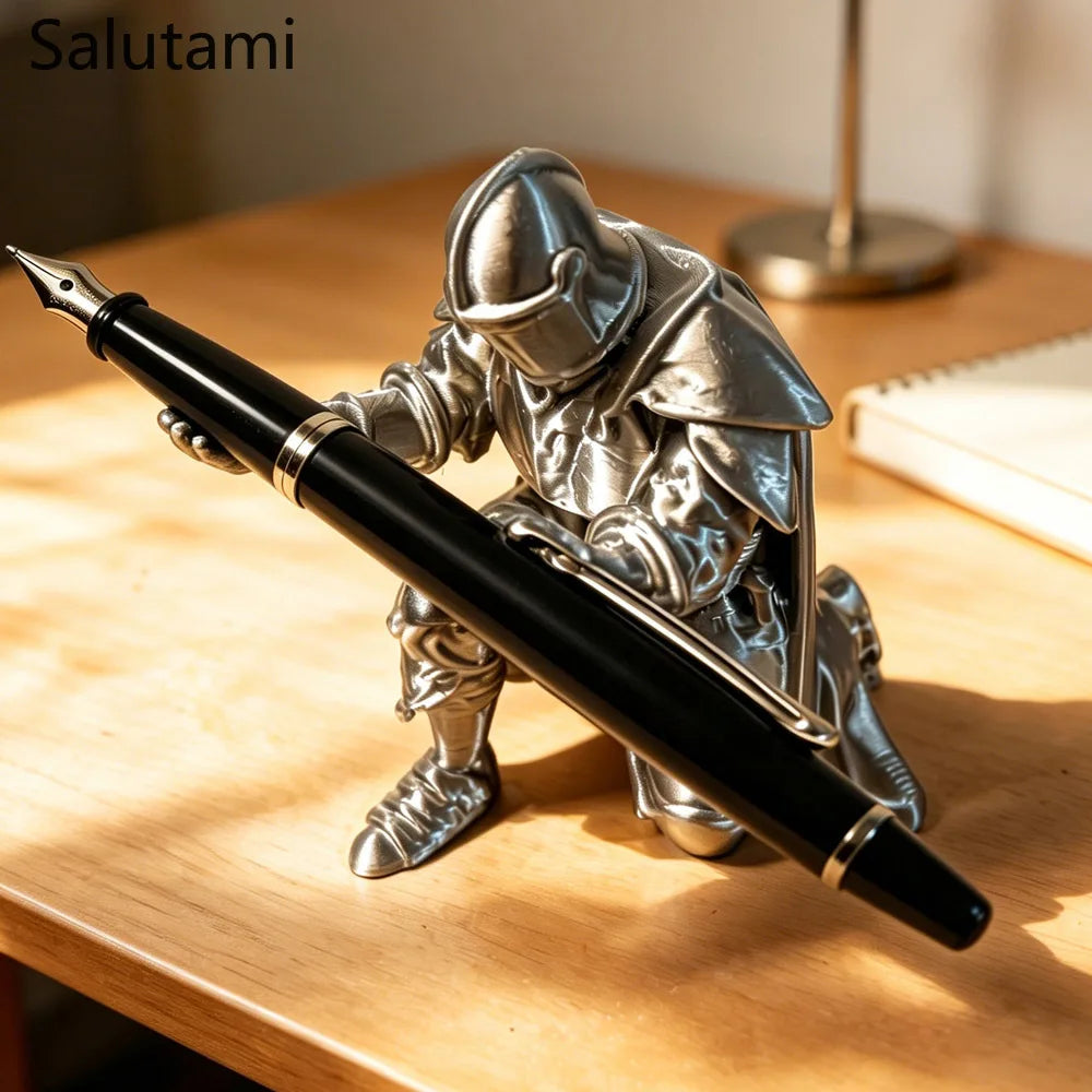 Pen Holder 3D Printed Medieval Knight Black Silver Warrior Statue Desk Organizer Creative Office Desktop Decor Stationery Gift
