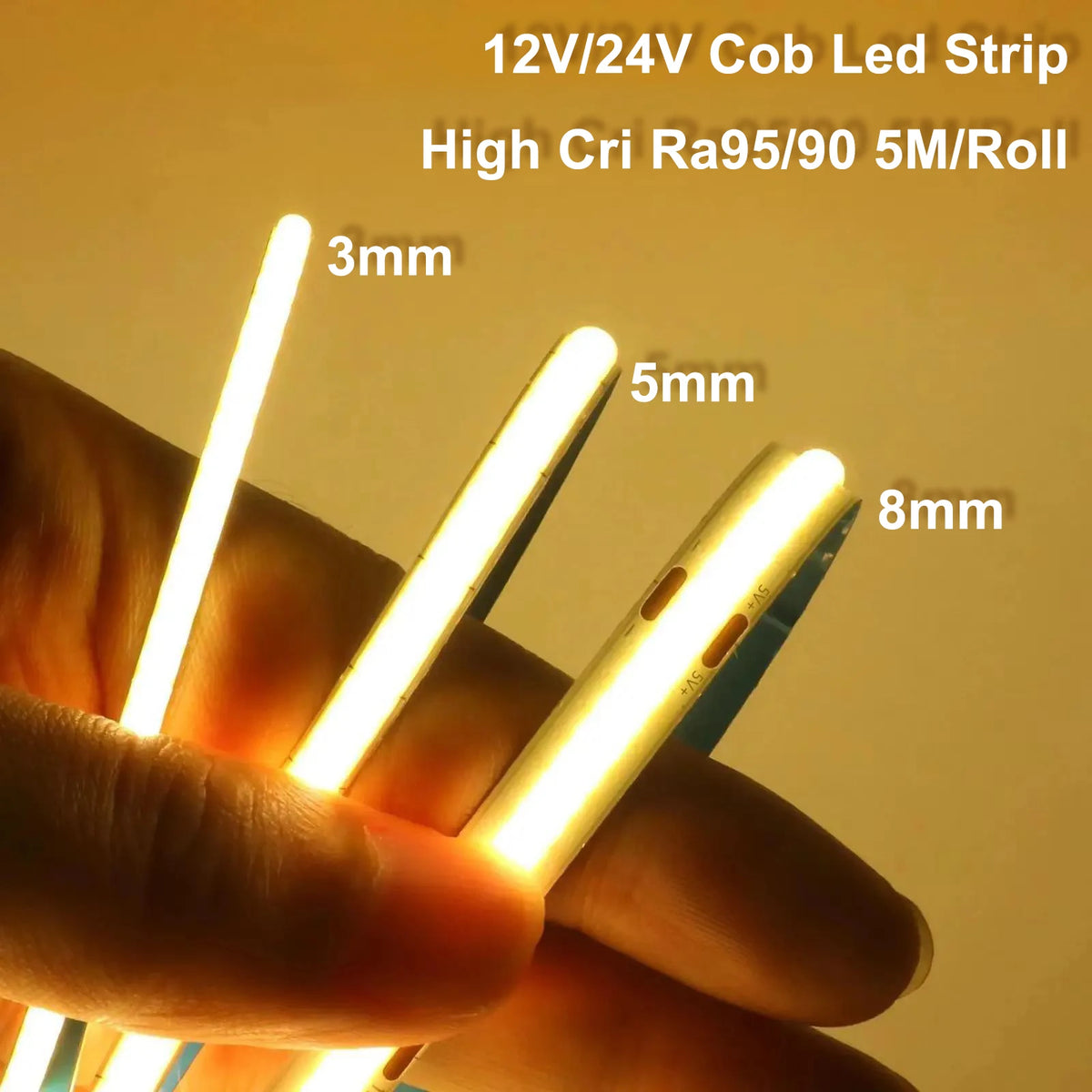 Striscia LED COB 5 m autoadesiva, tagliabile, CRI 90, 12 V/24 V, 3‑8 mm