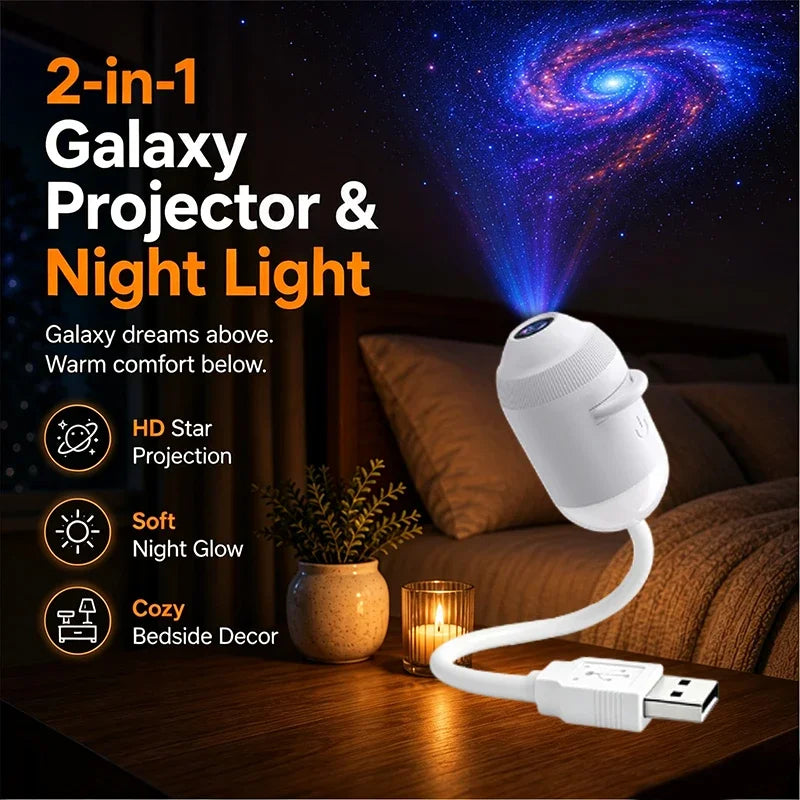 2-in-1 New USB Galaxy Star Projector Night Light 360° Rotatable Starry Sky Nebula Aurora Projector Light For Bedroom Car Decor