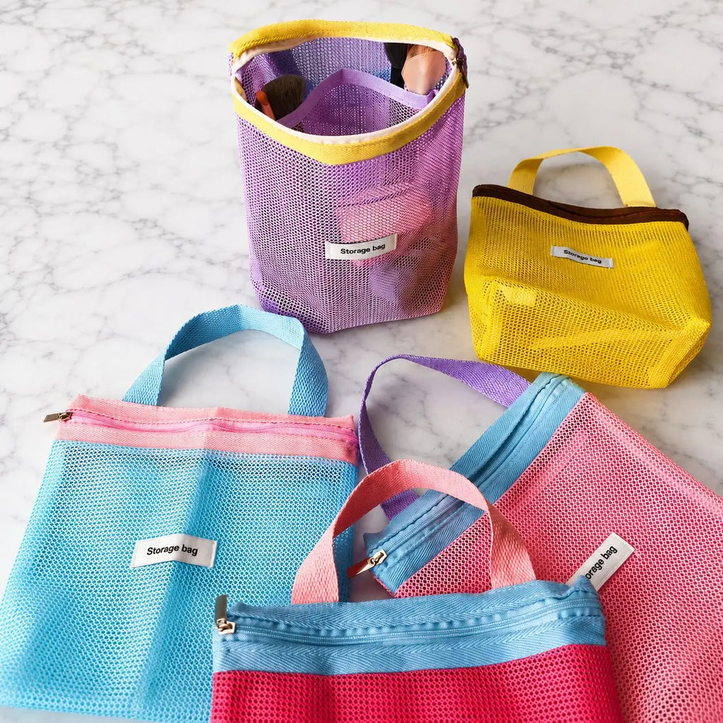 Borsa cosmetica pieghevole in rete, colore vivace, tascabile da spiaggia