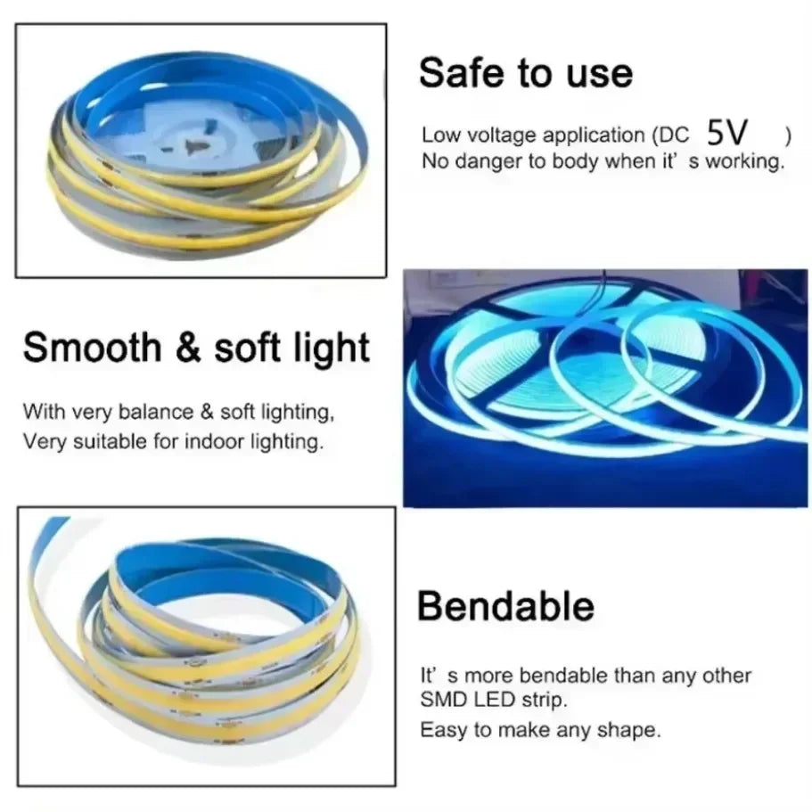 Striscia LED COB USB 5V dimmerabile, 320 LED/m, colori regolabili, 0,5‑5 m