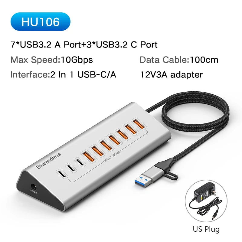 Hub docking USB‑C 10 Gbps 4/10 porte alluminio con lettore SD/TF