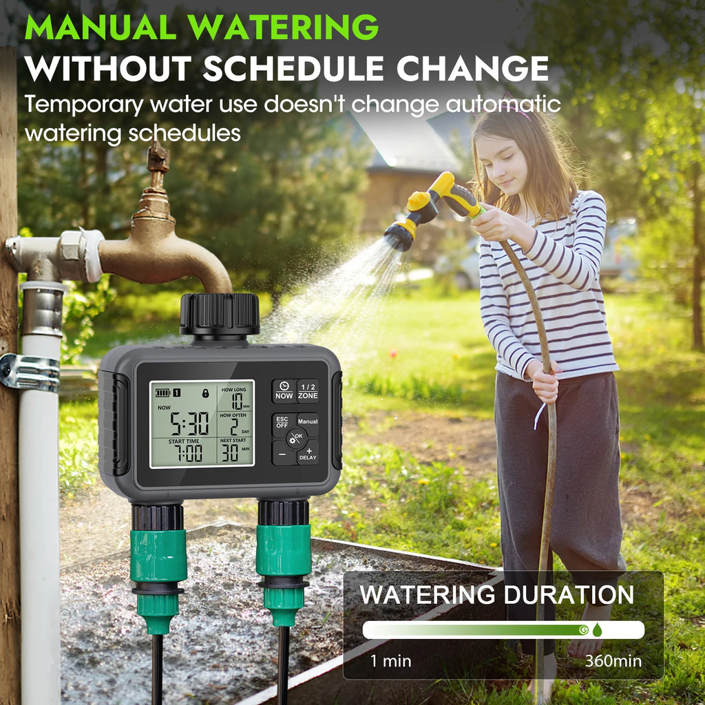 Timer 2 zone per irrigazione – risparmio acqua, modalità auto, manuale, pioggia