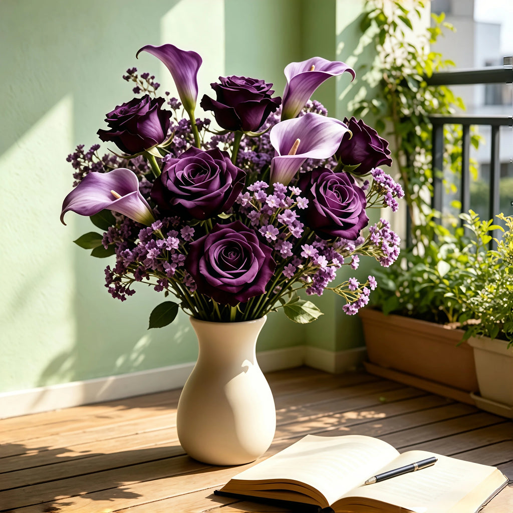 Bouquet di Fiori Artificiali Viola – 3 Rose, 3 Calle, 10 Gypsophila, Senza Vaso