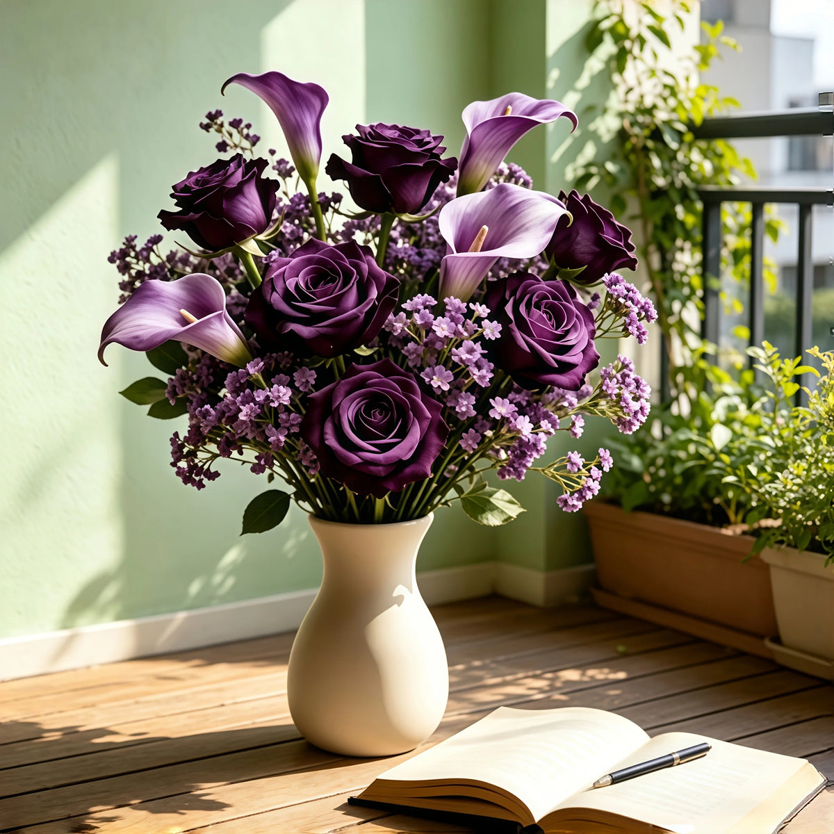 Bouquet di Fiori Artificiali Viola – 3 Rose, 3 Calle, 10 Gypsophila, Senza Vaso