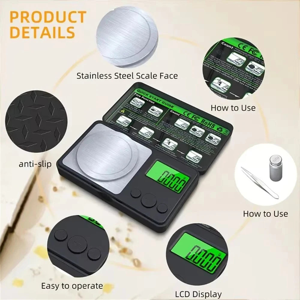 Bilancia di precisione 0,001 g LCD portatile, capacità 50 g/100 g, con pinze