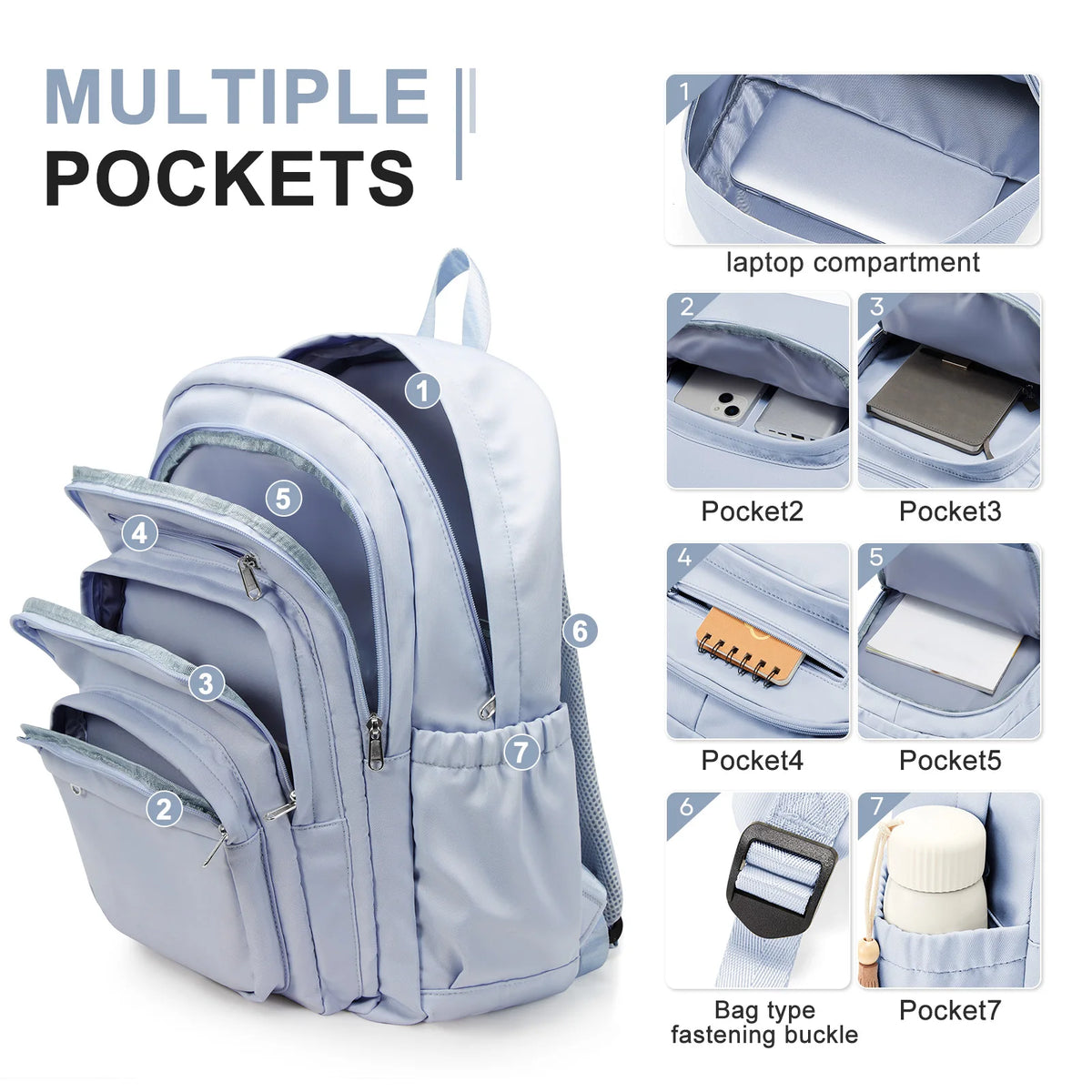Sac à dos en nylon léger bleu, multi-poches, pour l'école et l'université