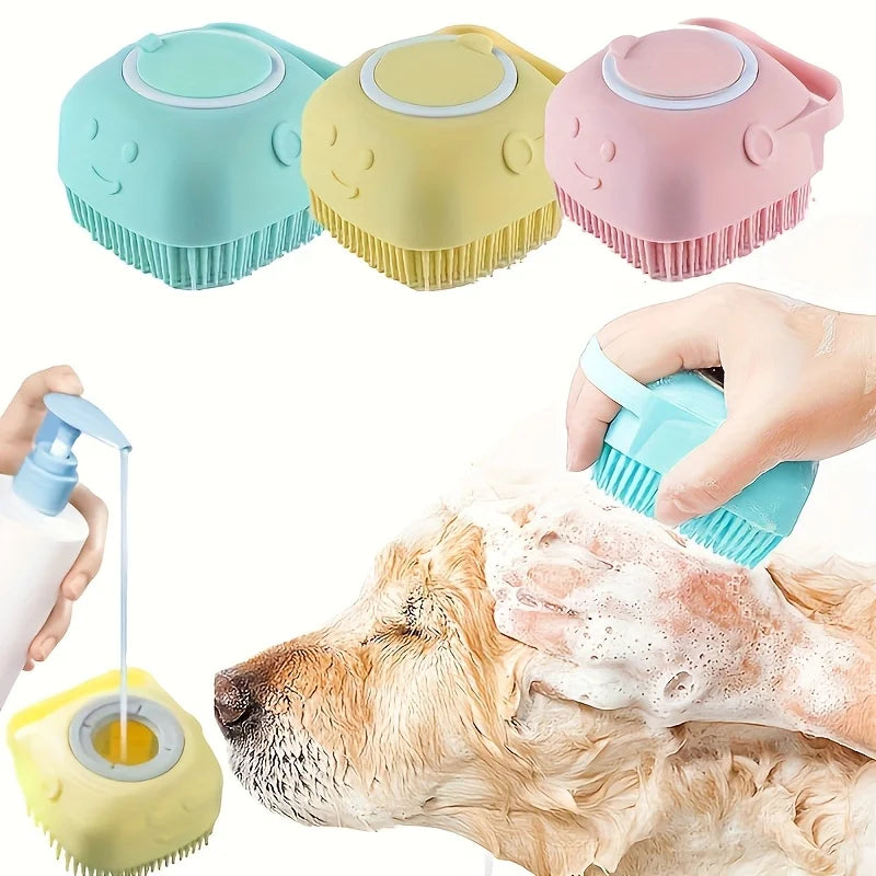 Silicone Soft Rubber Pet Massage Shower Brush with Builtin Shampoo Storage Self Cleaning Detangling for Dogs Cats Grooming Brush
