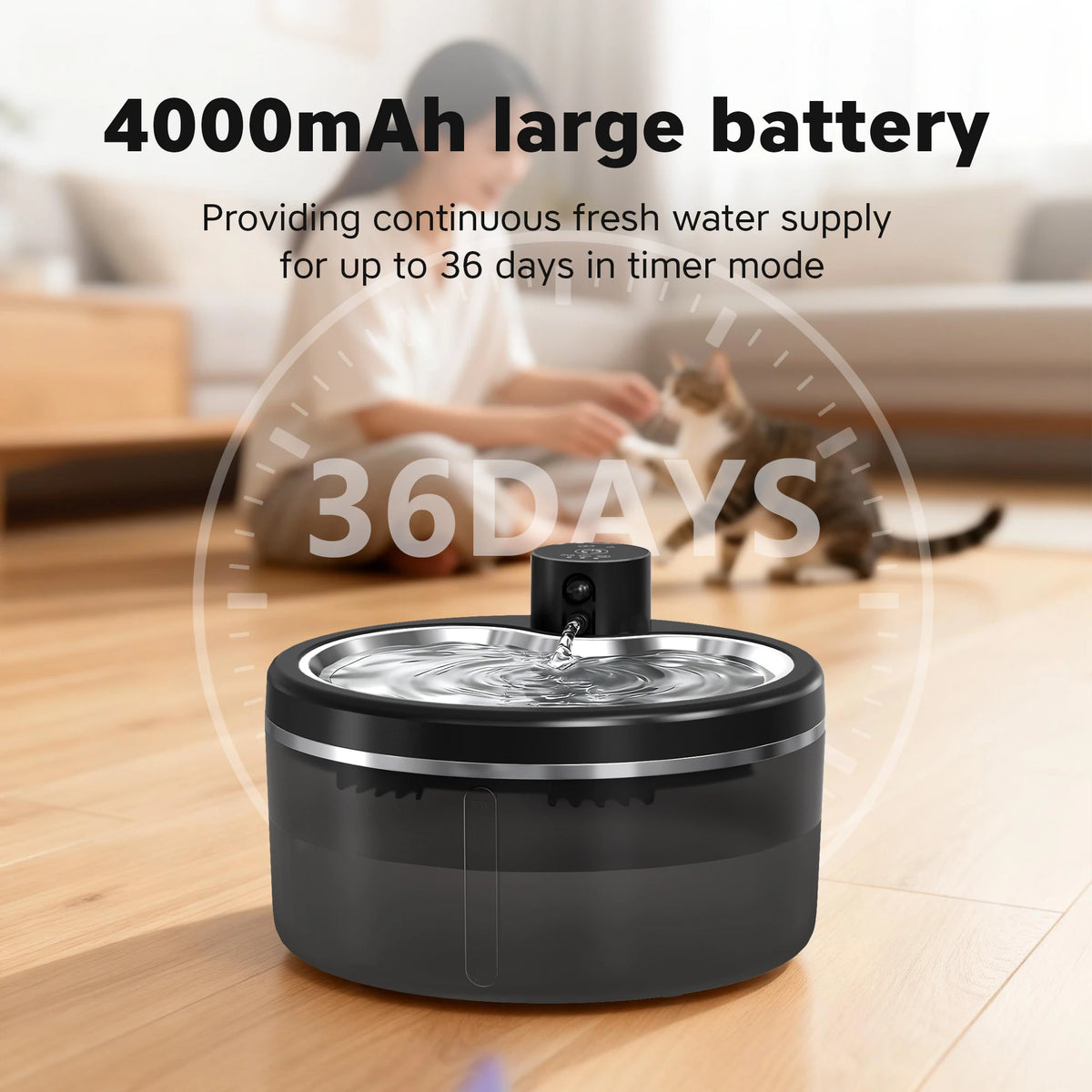 Fontana d'acqua per gatti 3L wireless, filtro inox, batteria 4000 mAh
