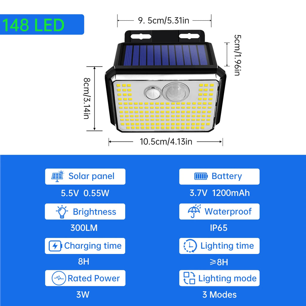 Lampada da Giardino Solare IP65 148 LED con Sensore di Movimento – 3 Modalità