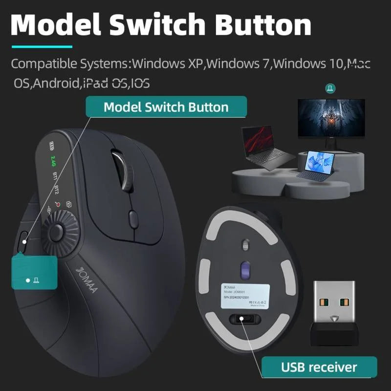 Mouse verticale wireless 2.4GHz e Bluetooth con LED e DPI 2400 ricaricabile
