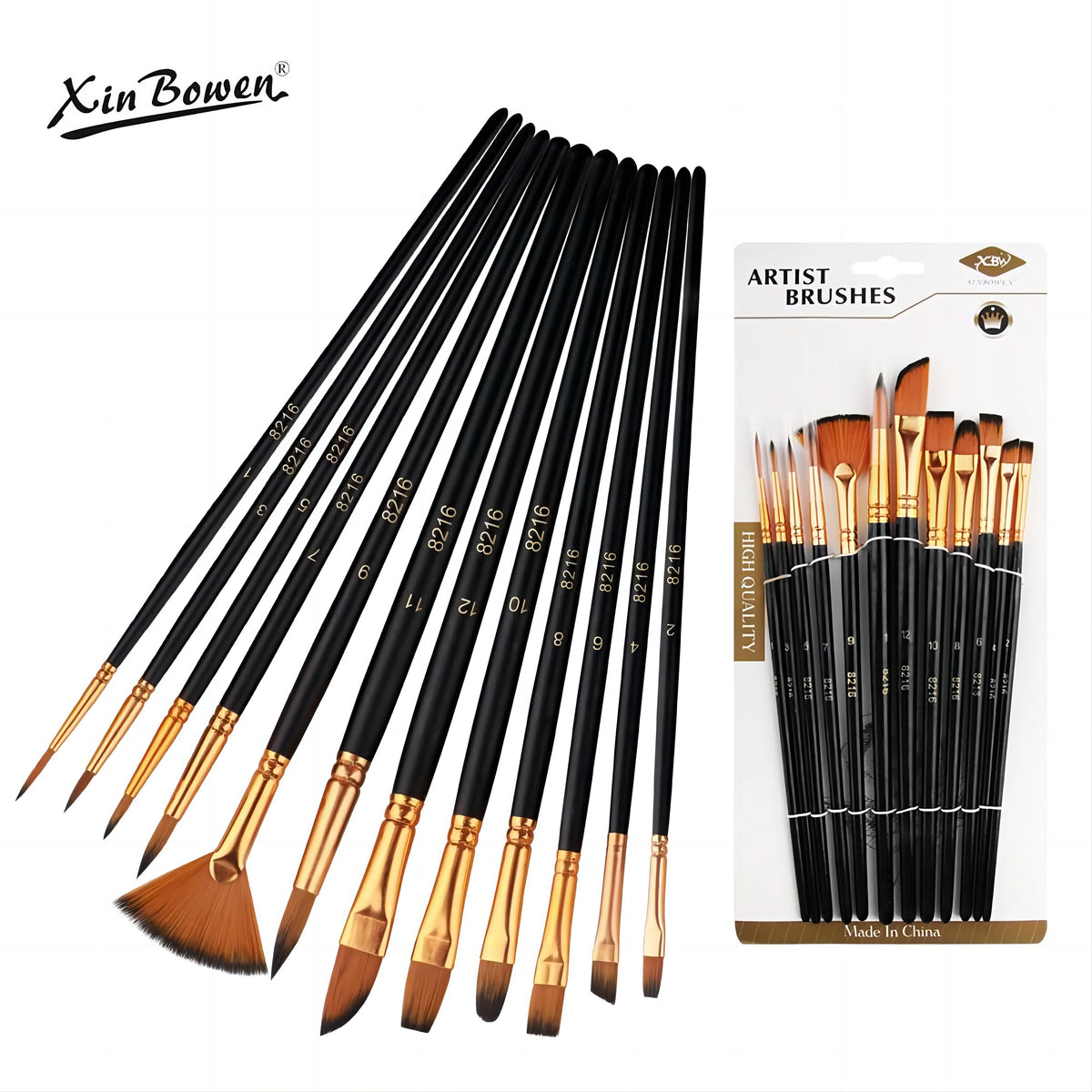 Set da 12 pennelli a setola di nylon per pittura ad olio, acrilico e acquerello