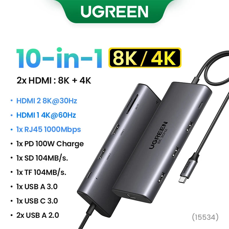 Docking Station USB‑C 10 in 1 con doppio HDMI 8K/4K, RJ45, PD 100 W