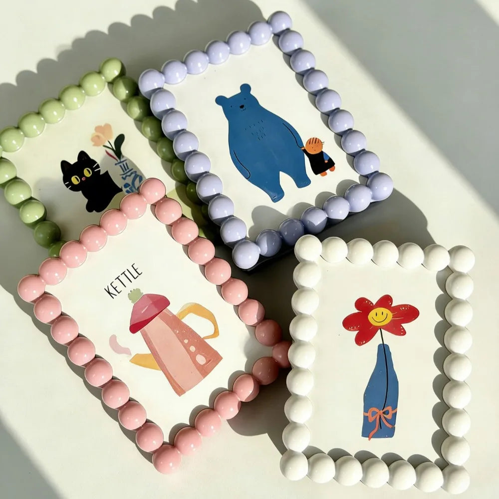 Photo Frame Beaded Picture Frame Cute Cartoon Design Kawaii Tabletop Photo Display Desktop Photo Holder for Home Office Bedroom
