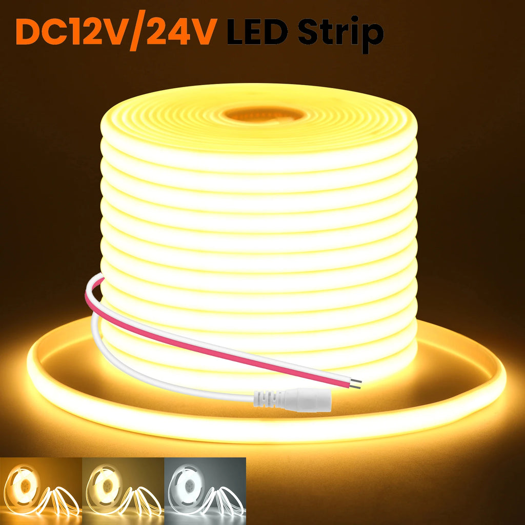 12V 24V COB LED Strip 320LEDs Flexible Neon Tape Light IP67 Waterproof LED Ribbon Rope Density Linear Light with Adhesive Tape