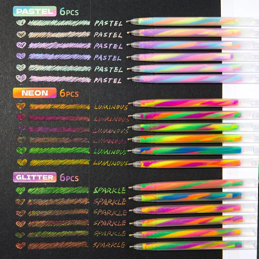 Set di Penne Gel Glitter Arcobaleno 6/12/18 pezzi – Kawaii per Diario e Scuola