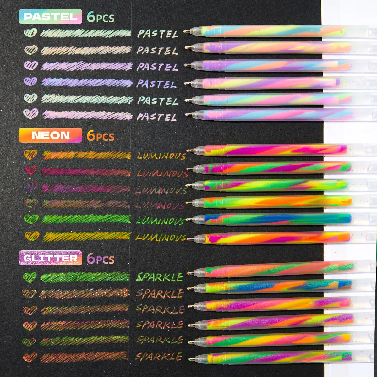 Set di Penne Gel Glitter Arcobaleno 6/12/18 pezzi – Kawaii per Diario e Scuola