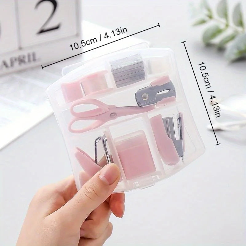 8 PCS Mini Office Supplies Set with Portable Case - Including Scissors Tape Box Pencil Case Puncher and Staples
