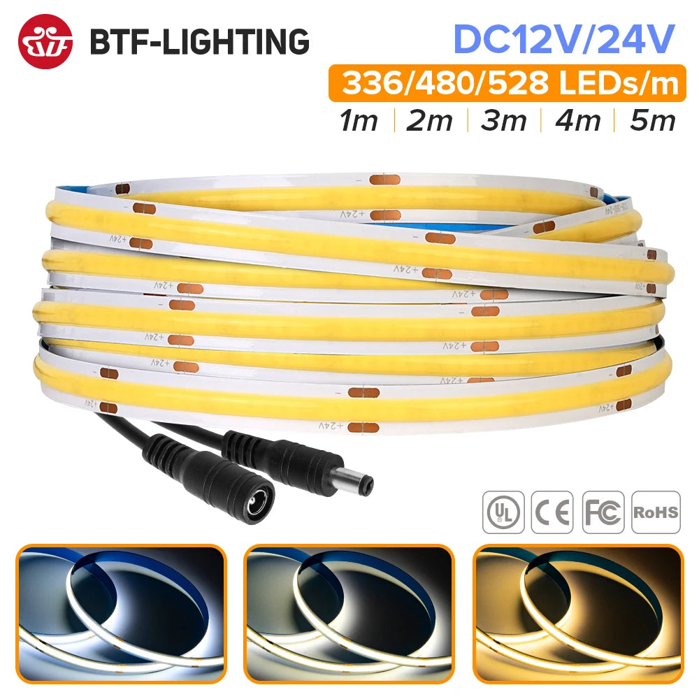 Striscia LED FCOB ad alta densità 336/480/528, flessibile e dimmerabile 12V/24V