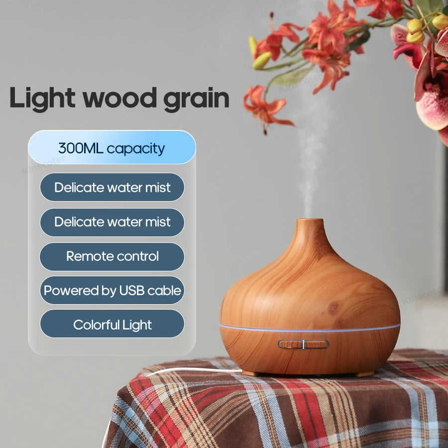 Diffusore ad aromaterapia ultrasuoni 300 ml con design legno, 3 timer e luce USB