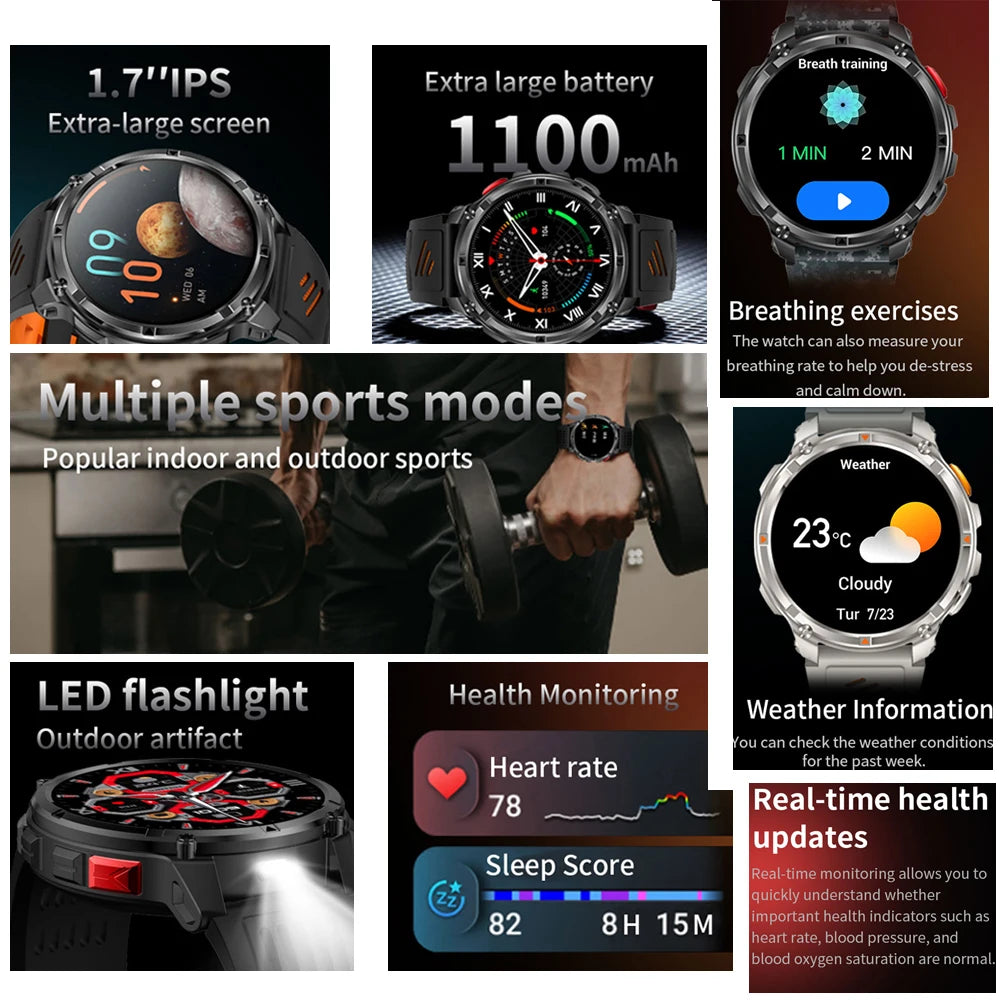 Smartwatch Sport GPS Militare 5ATM — Impermeabile, con Bussola