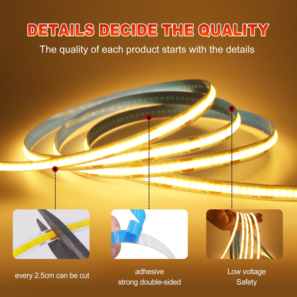 Striscia LED COB 5V 320 LED/m, alimentata da 3 AA, colori 3000‑6000K, 0,5‑5 m