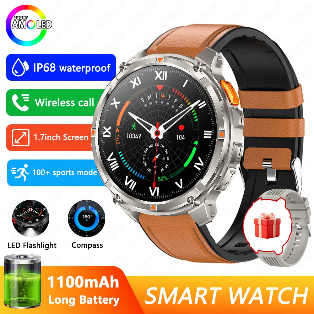 Military-Style 5ATM Waterproof GPS Sports Smartwatch with Compass