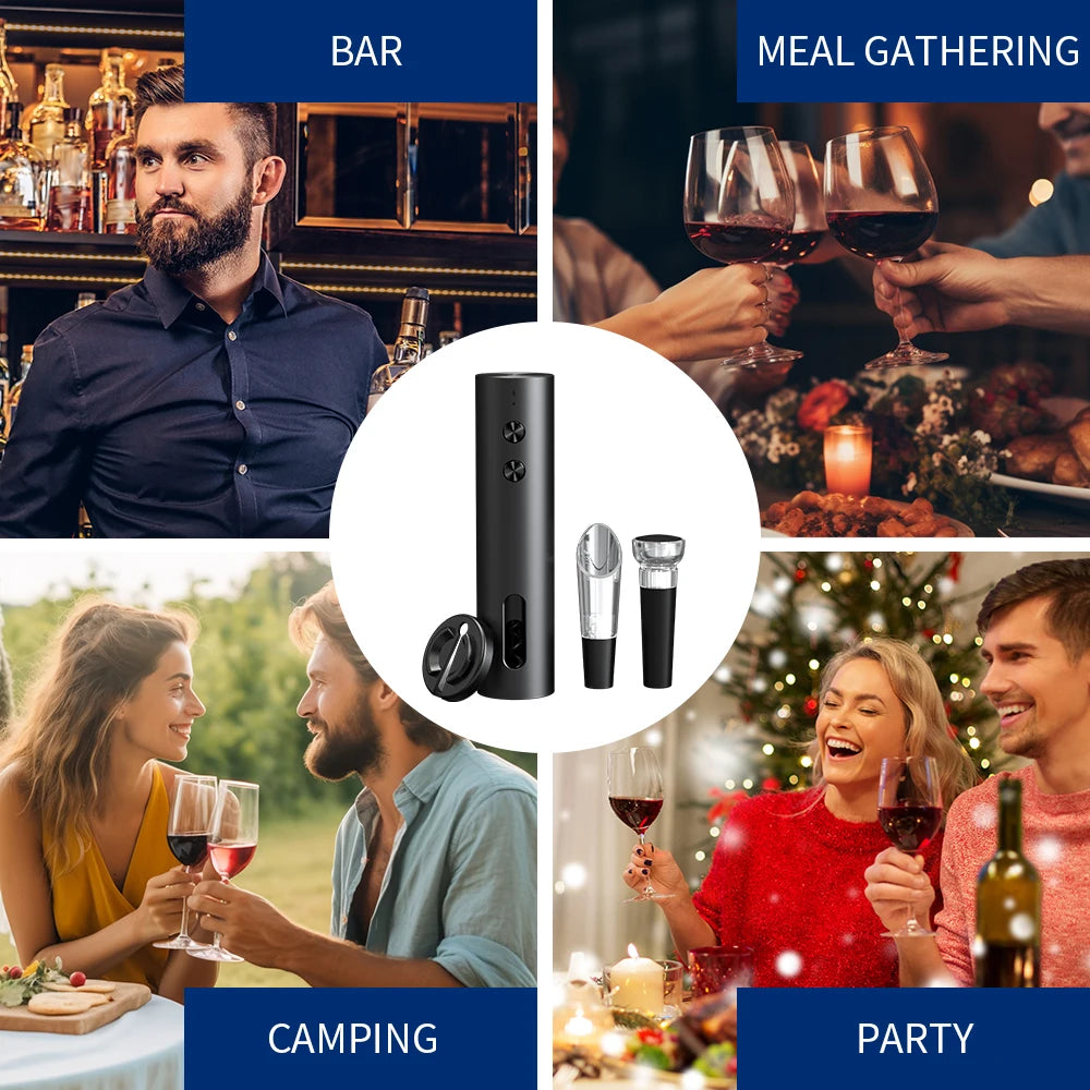 Apribottiglie elettrico 4‑in‑1 ricaricabile USB con fermavino e versatore