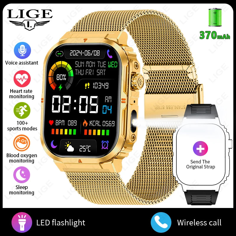 Smartwatch sportivo 2.01\" HD con chiamata, assistente vocale, torcia - IP68