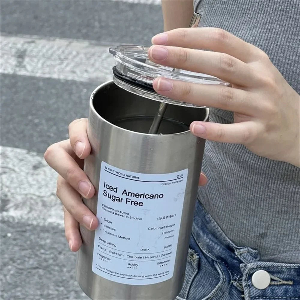 Thermos 600 ml acciaio inox 304, tazza termica con cannuccia, portatile
