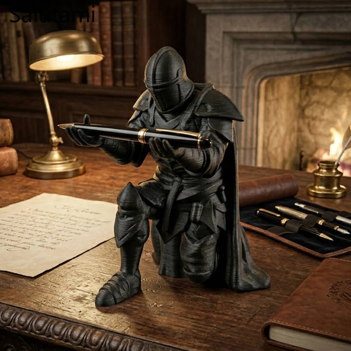 Pen Holder 3D Printed Medieval Knight Black Silver Warrior Statue Desk Organizer Creative Office Desktop Decor Stationery Gift