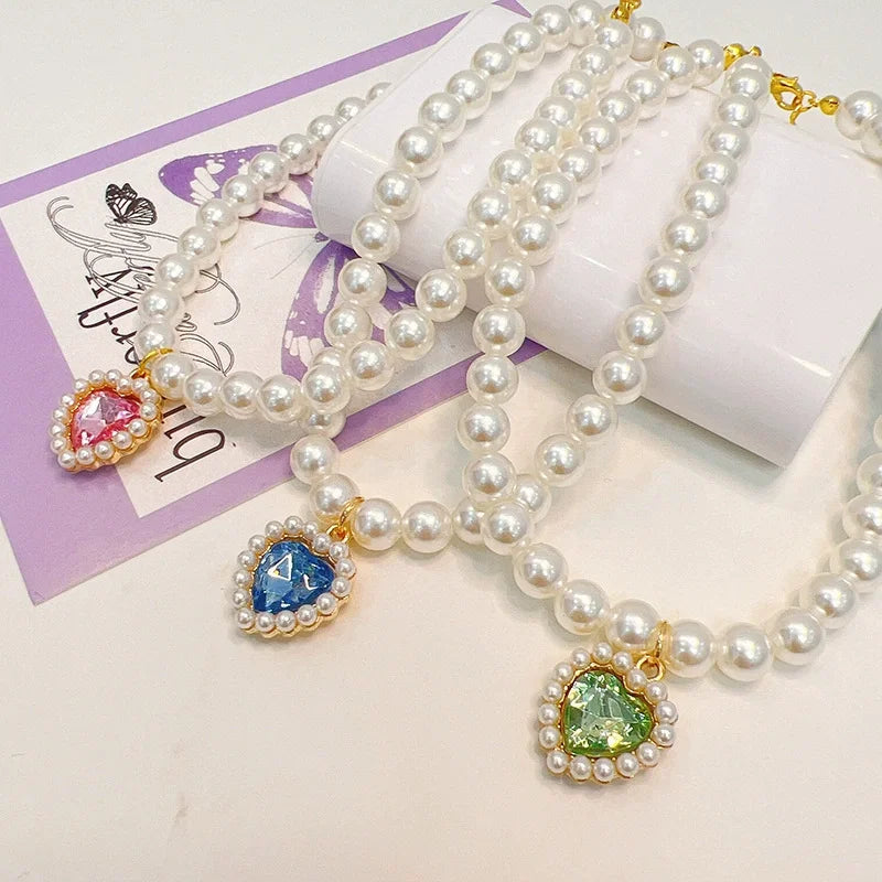 Collarino con Ciondolo a Cuore e Perla Falsa per Gatti e Cani – Fashion