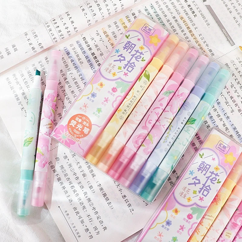 6 Pennelli Highlight Doppia Testa Colori Pastello per Scuola e Ufficio