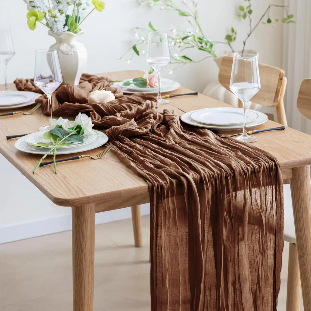 90x300cm Brown Cheesecloth Table Runners Boho Sheer Tablecloth for Wedding Shower Birthday Bridal Party Home Dinning Decoration