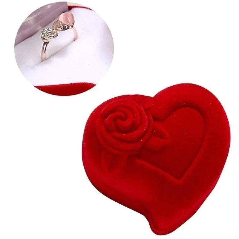 Heart Shape Velvet Ring Box Jewelry Display Engagement Wedding Jewelry Boxes Rose Flower Design Gifts Holder for Couple