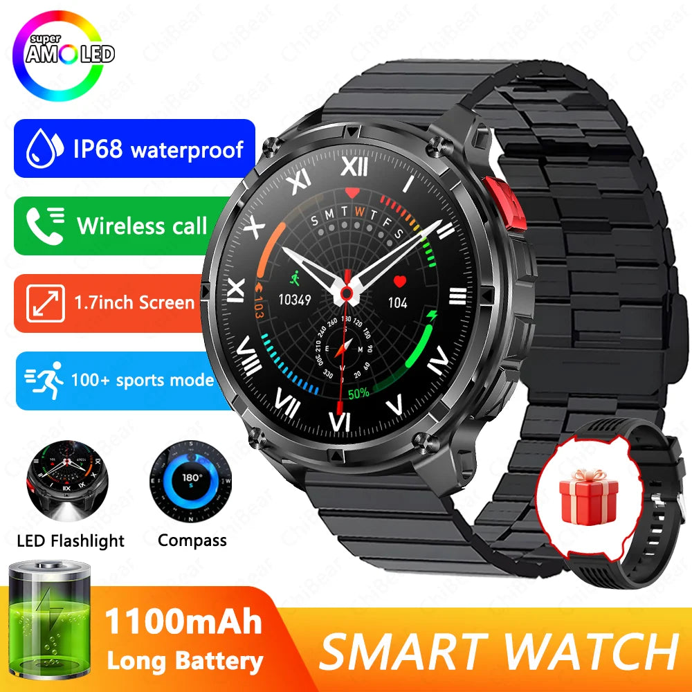 Military-Style 5ATM Waterproof GPS Sports Smartwatch with Compass
