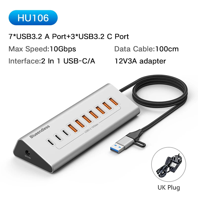 Hub docking USB‑C 10 Gbps 4/10 porte alluminio con lettore SD/TF