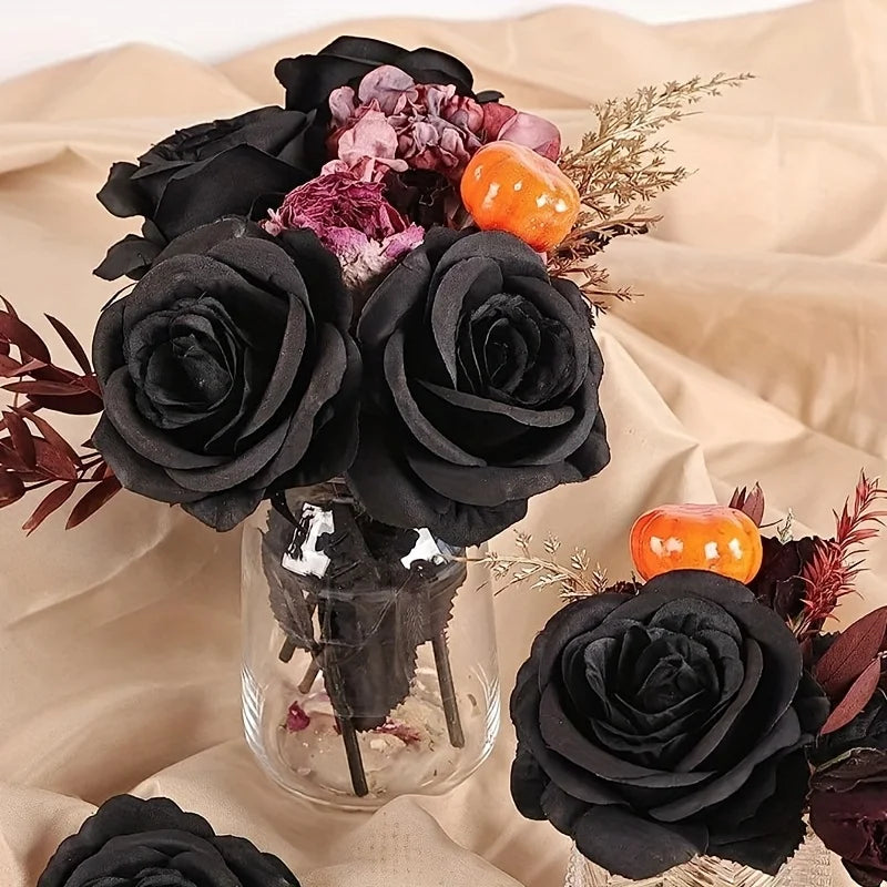 10 Rosa Nere Artificiali Lungho Stelo - Decorazione Halloween, Matrimonio, Casa