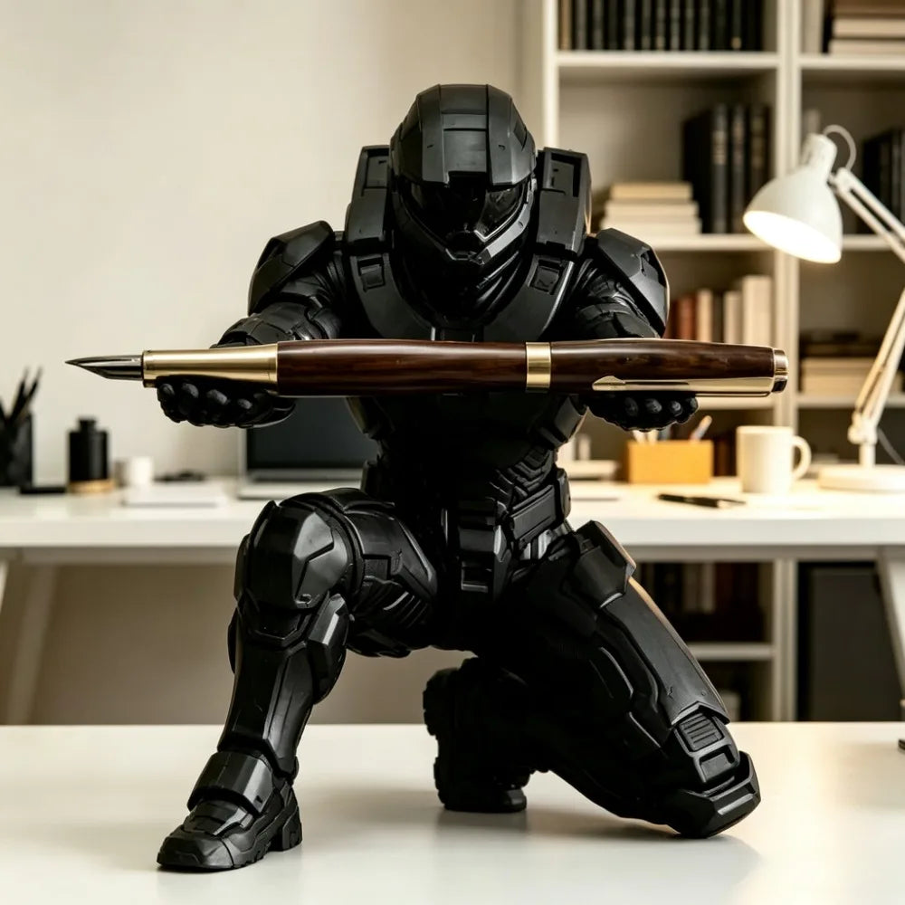 3D Printed Medieval Knight Pen Holder Black Silver Warrior Statue Desk Organizer Creative Office Desktop Decor Stationery Gift