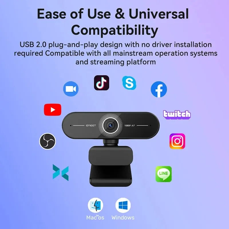 Webcam 4K 30fps con autofocus PDAF, microfoni integrati e copertura privacy
