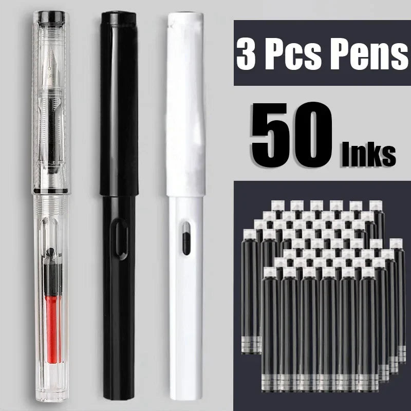 Set 53 penne stilografiche con 50 ricariche in nero, blu e rosso