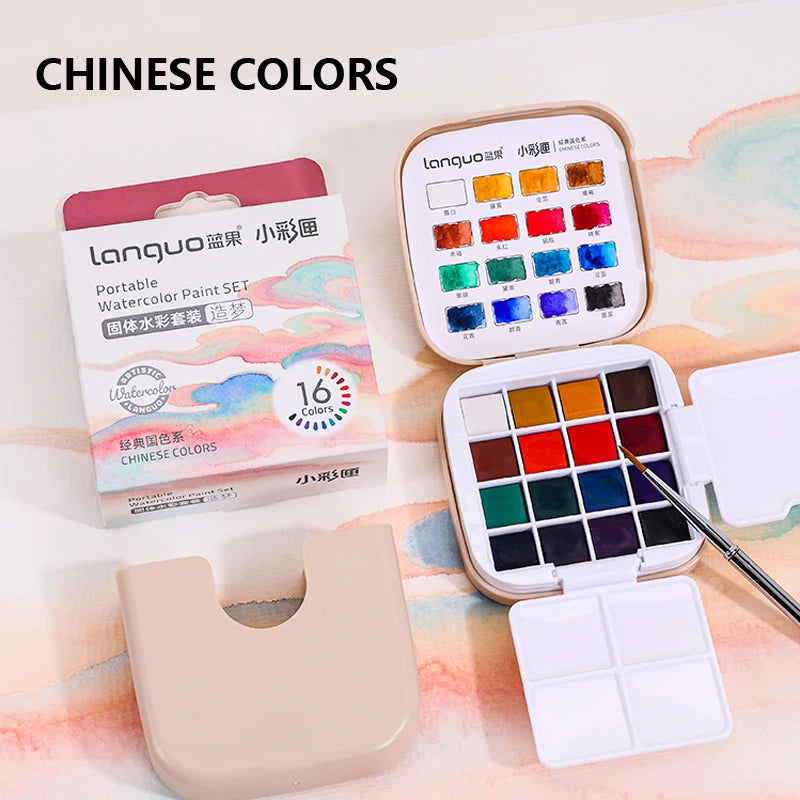 Set portatile di acquerelli solidi 16 colori con pennello e tavolozza