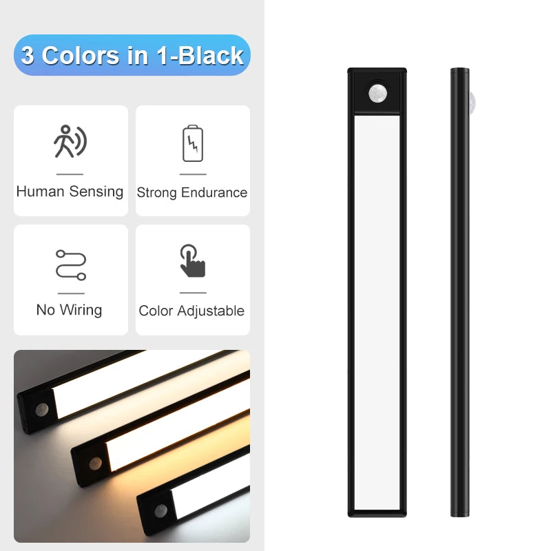 Lampada LED ricaricabile con sensore di movimento, 3 colori per armadi e cucina