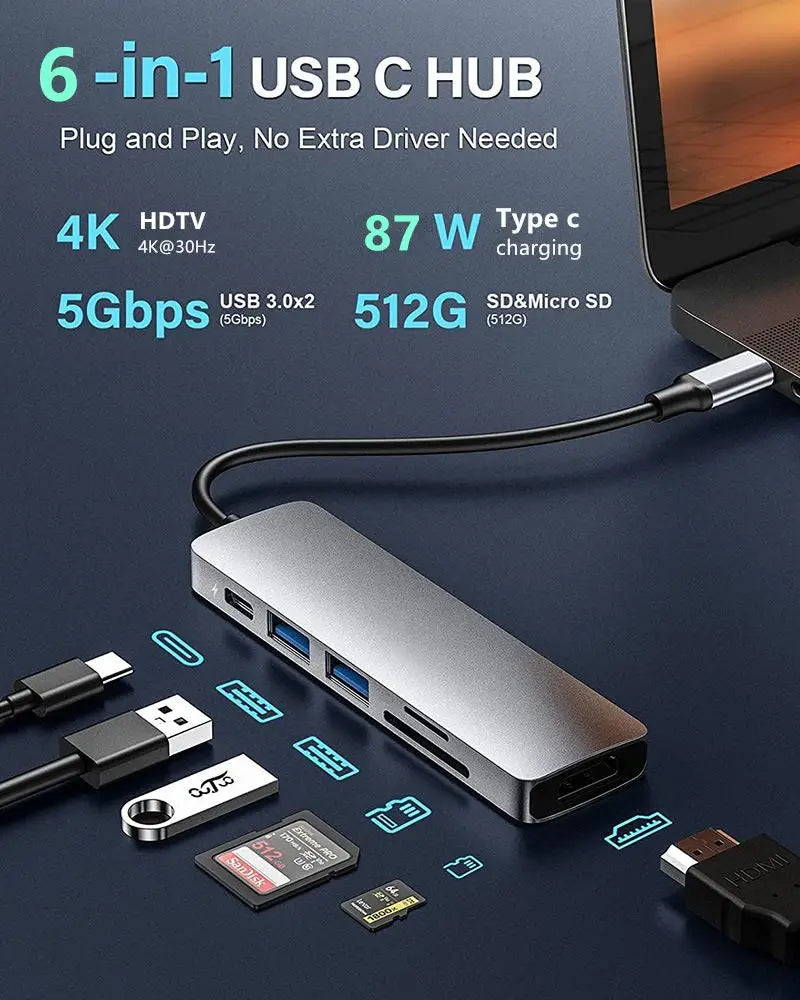 Hub USB‑C 5 porte: HDMI 4K 30 Hz, PD 87 W, USB 3.0 e USB 2.0 in metallo