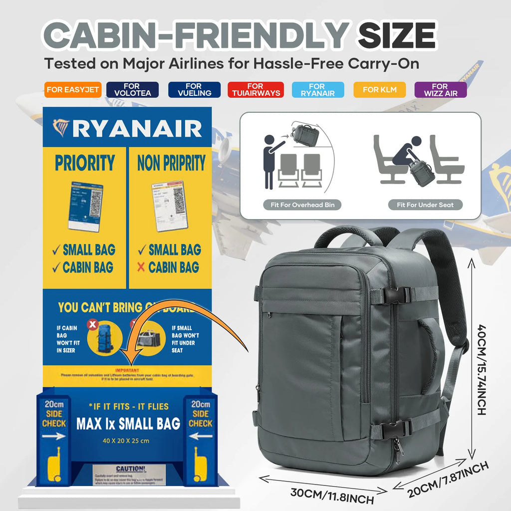 Sac à dos de voyage sous siège pour bagage cabine Ryanair 40x30x20, sac de cabine Cabin Fly, sac à dos d'extérieur, sac d'école pour ordinateur portable et livres