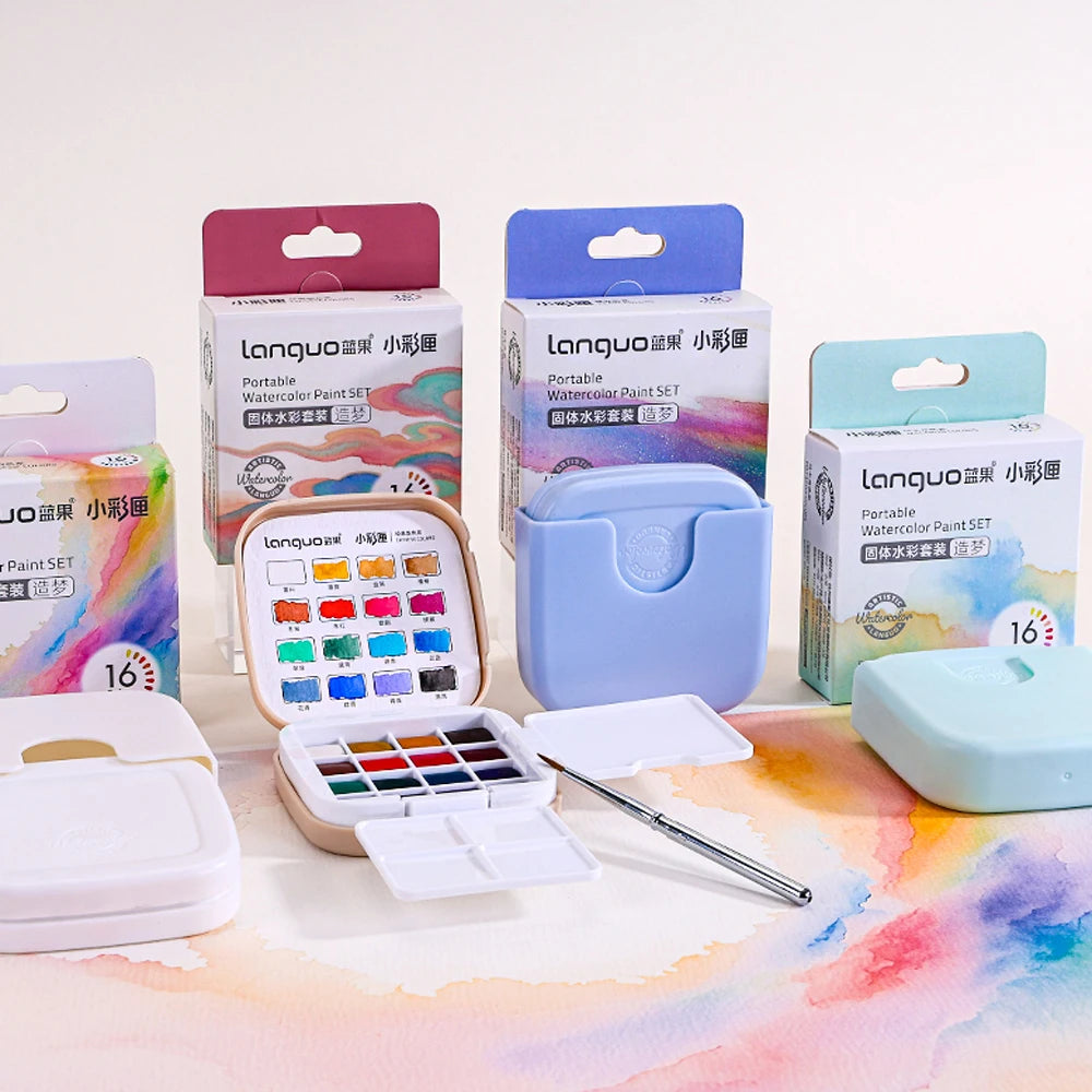 Set portatile di acquerelli solidi 16 colori con pennello e tavolozza