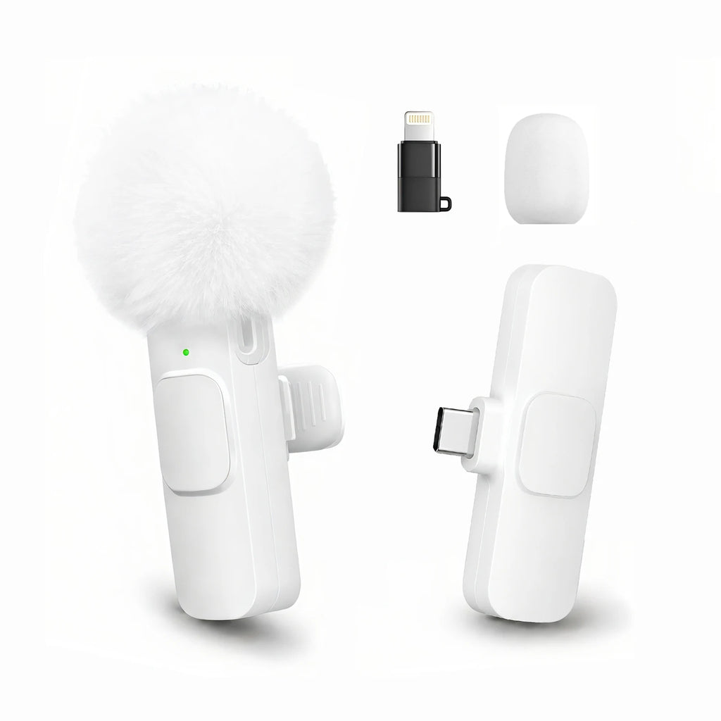 Wireless Mini Lavalier Clip Mic with Furry Windscreen, Dual‑Port Type‑C & Lightning Adapter for iPhone, Android, Tablets, Laptop